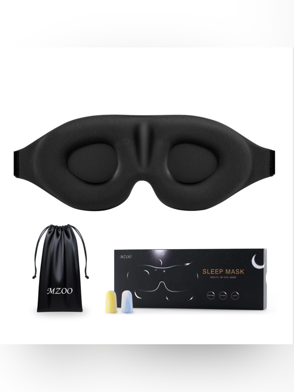SLEEP MASK w Ear Plugs & Travel Bag 100% Light-Blocking Zero Eye Pressure - BLK